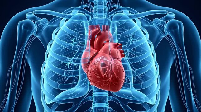 Human heart beating inside ribcage