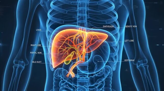 Human liver anatomy showing blood and bile flow