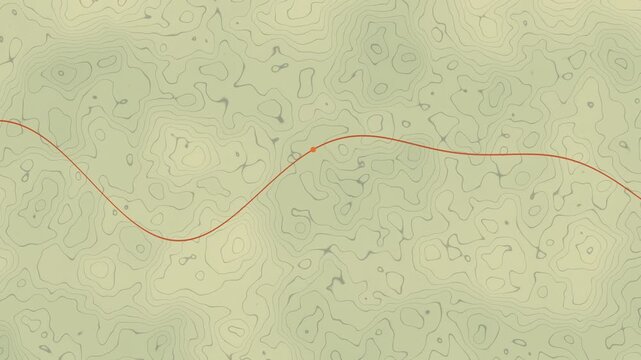 A detailed topographical map showing winding elevation contour lines on a beige textured background with a single continuous red path