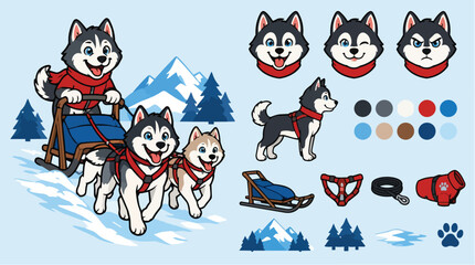 Cute husky character set for winter sledding adventure design. © honor