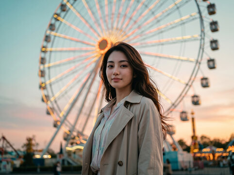 夕暮れの遊園地で観覧車を背に微笑む女性