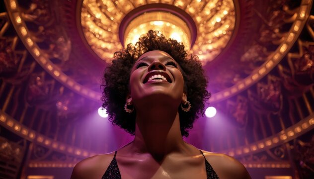 A joyful woman stands under an ornate golden chandelier, bathed in warm light, radiating confidence and happiness in a luxurious theater setting.