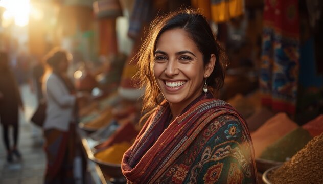 A smiling woman wearing a colorful shawl stands in a lively market with blurred vendors and warm lighting in the background.
