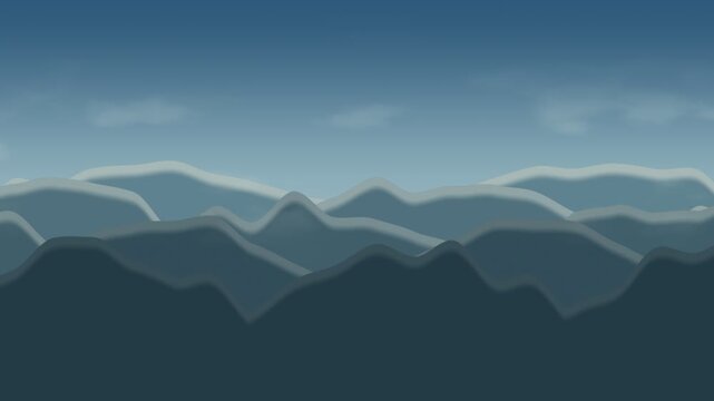 A stylized digital illustration of a serene mountain range receding into a foggy blue horizon during a calm cloudy day