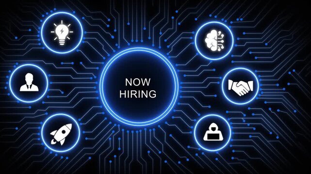 Dynamic now hiring recruitment concept featuring glowing digital circuit board background, with animated representing, innovation, artificial intelligence, networking, and corporate growth