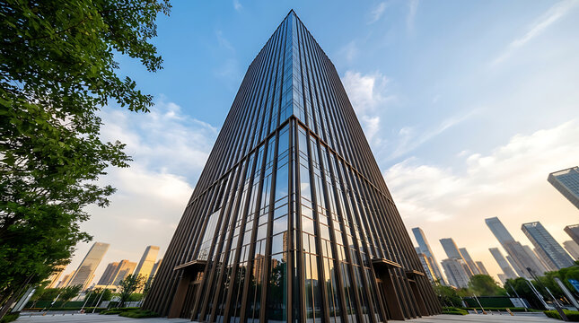 Modern glass office skyscraper viewed from a low angle against a bright sky during sunset in a business district