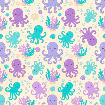 Cute Cartoon Octopuses and Corals Seamless Pattern, Ocean Life, Kawaii Style