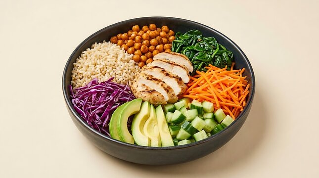 Healthy poke bowl with grilled chicken sliced avocado carrots cabbage and cucumber in a bowl. balanced diet examples 