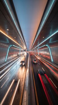 Cyberpunk Multilevel Infrastructure Tunnel with Speeding Vehicles