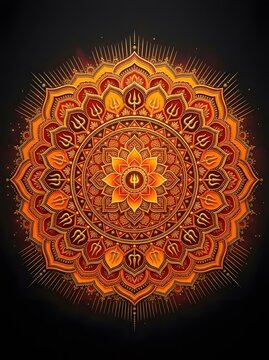 Intricate golden mandala art with trishul symbols and glowing light effects