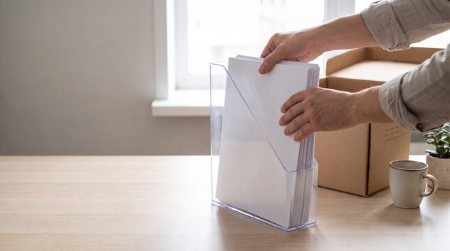 Hands organizing paper documents in clear file organizer on tidy desk with cardboard box