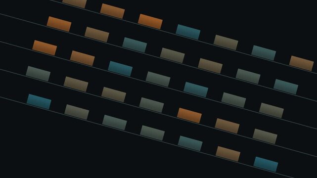 Abstract graphic background featuring diagonal lines with repeating rectangular shapes in various muted orange teal and gray tones for design
