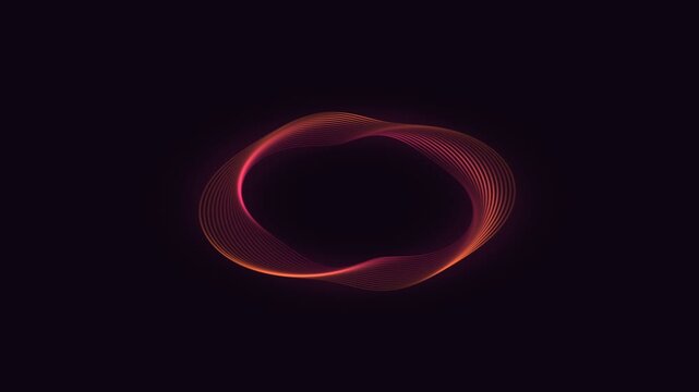 Abstract red glowing oval shape formed by fine neon light particles creating a modern digital wave on a dark black