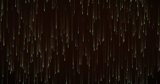 Amber binary digits fall steadily in this 4K animation, featuring a deep tunnel parallax and soft neon bloom across a balanced, full-frame digital matrix field.
