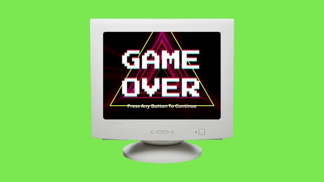 Retro 'Game Over' message on a vintage CRT monitor, pixelated text and neon geometric frame, symbolizing classic gaming and digital challenge conclusion