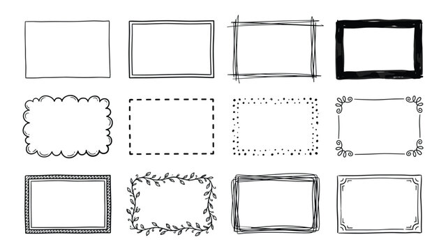 A collection of handdrawn rectangular frames and decorative borders in various sketchy and artistic styles isolated on a plain white background