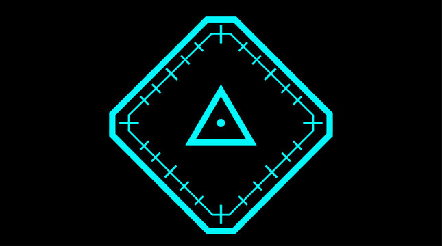 Sci-fi cyan HUD targeting reticle display isolated on black background