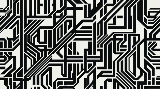 Futuristic Black and White Geometric Circuit Board Seamless Pattern