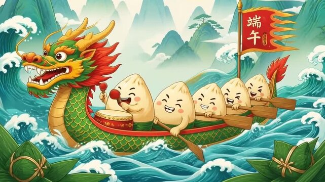 surreal fantasy Dumplings are rowing a dragon boat motion