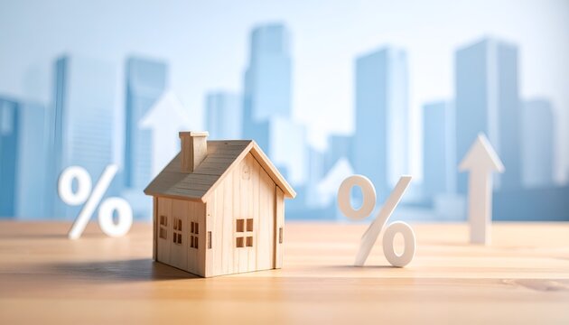 Wooden model house with percentage symbols and an upward arrow in a blurred city setting, illustrating rising property values, real estate investment, and housing market growth.
