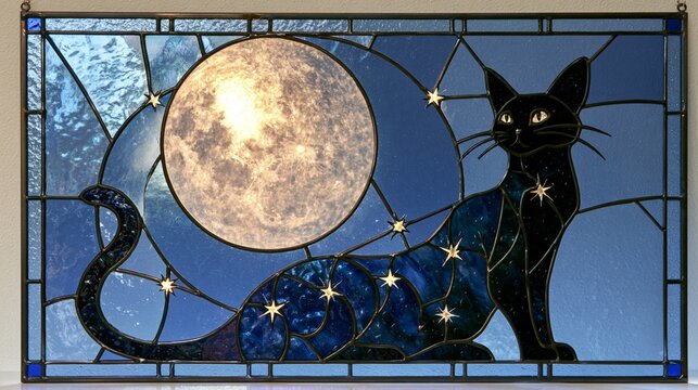 Chat noir et lune dans une composition en vitrail