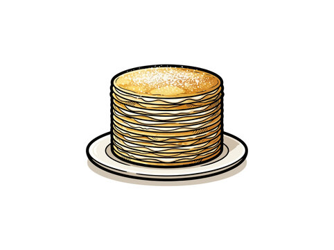 Round Mille Crepe Cake On White Plate In Warm Golden Vector Illustration