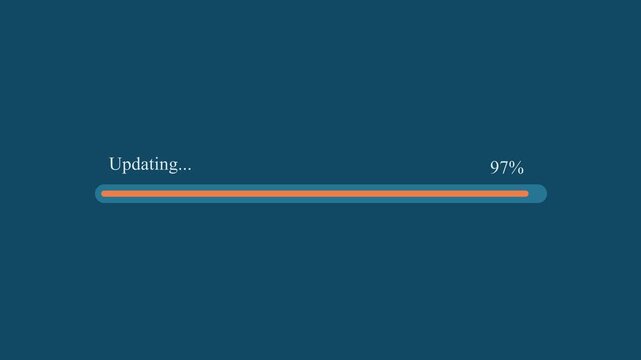 Motion graphic of updating progress bar reaching 97 percentage completion on dark blue background, depicting software update and system upgrade.

