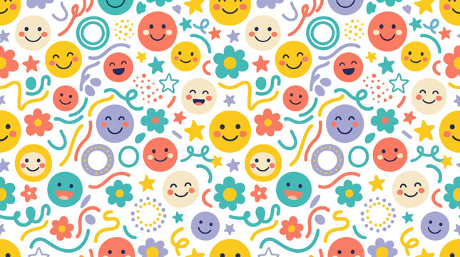 Happy Faces Pattern: Cheerful Smileys, Flowers, Stars, Confetti - Kids Vector Art