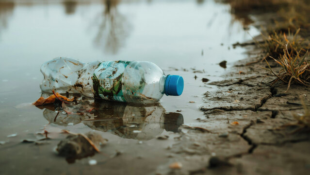 A discarded plastic bottle floating in a muddy puddle on cracked dry ground outdoors with parched cracked earth dirty plastic water bottle lies shallow ecology