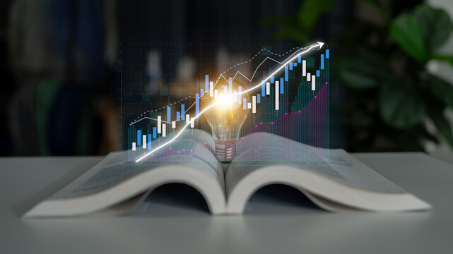 An open book with a light bulb symbolizing the fusion of knowledge and innovation, overlaid with financial graph lines depicting growth and analysis trends. Impute