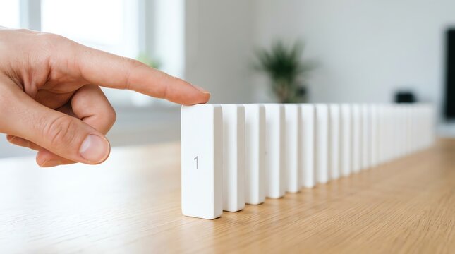 Hand pushing the first white domino block on a wooden desk symbolizing cause and effect and chain reaction process