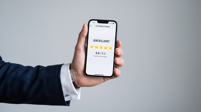 Businessman hand holding smartphone displaying excellent five star customer rating review feedback on screen showing perfect score.
