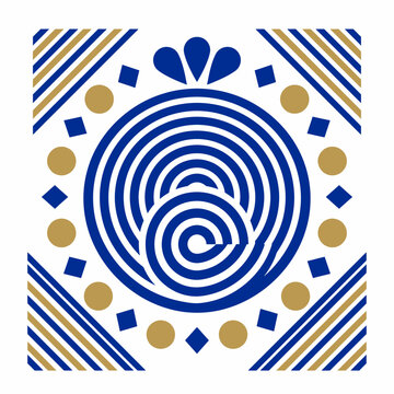 Abstract blue and gold geometric tile design with central spiral