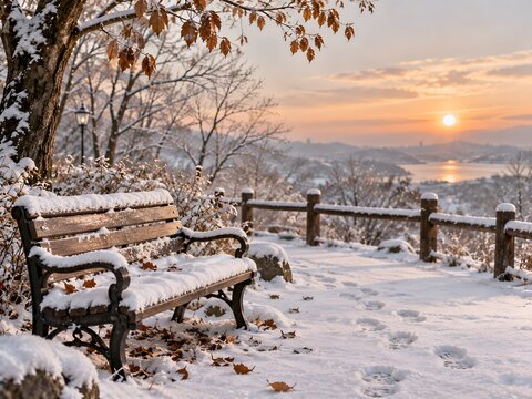 Snow Covered Park Bench in Peaceful Winter Sunset Landscape