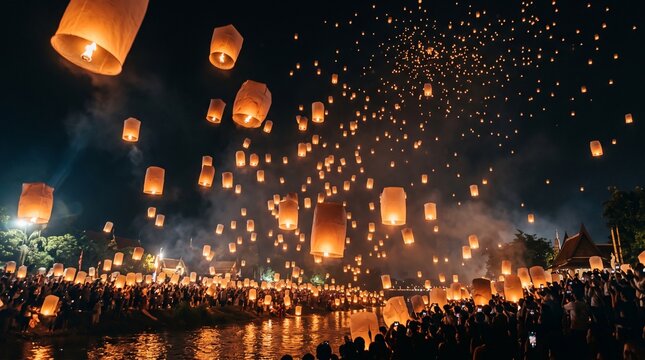 Thousands of sky lanterns float into the night sky above a crowd of people by a river