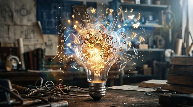 Lightbulb filled with gears and ideas exploding with creativity and innovation