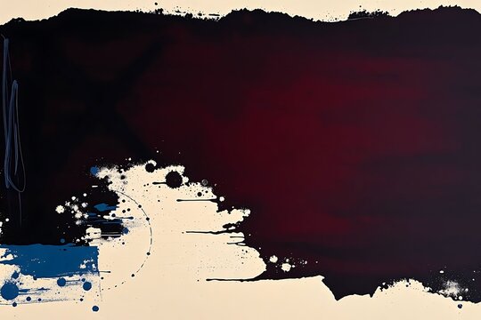 Abstract contemporary painting featuring a bold dark maroon and black brush-stroke field over an off-white background with blue accents, ink dots, and circular markings.