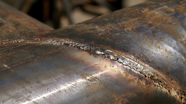 Close up detail of a metal pipe weld joint.