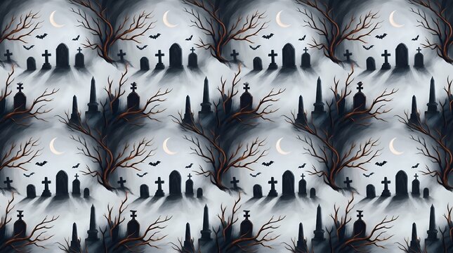 Halloween graveyard seamless pattern with tombstones, bare trees, and crescent moon in a dark spooky night