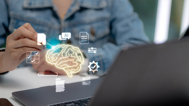 Woman developer working on laptop with digital glowing brain icon, AI prompt engineering, machine learning algorithm, and data automation process for smart technology concept.