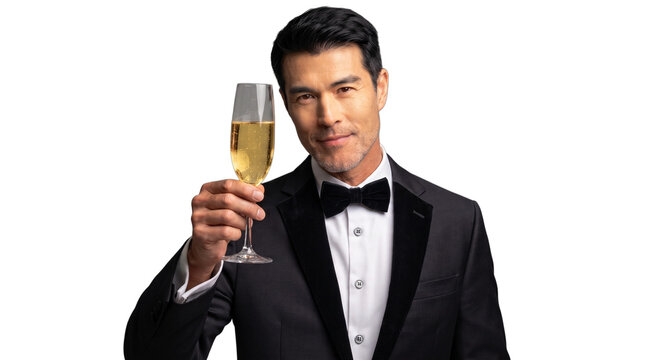 Handsome asian man in tuxedo holding glass