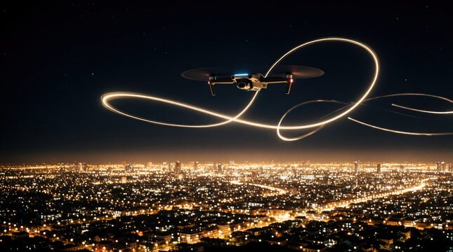 Modern quadcopter drone flies above urban city landscape at night. Long exposure light trails create glowing patterns in dark sky. Aerial view shows illuminated metropolis with bright street lights,