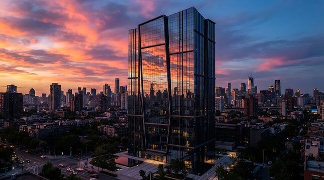 Modern glass skyscraper reflecting a vibrant sunset sky over a sprawling metropolitan city skyline at twilight