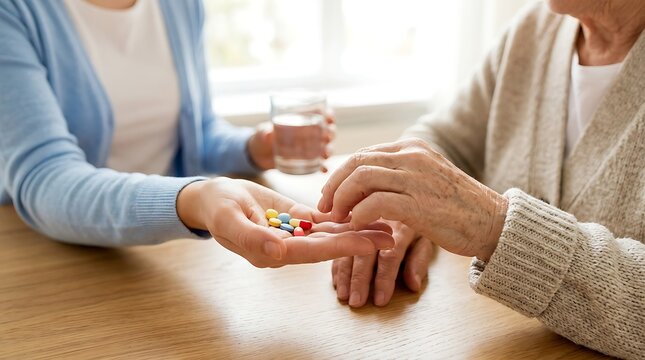 Caregiver giving colorful pills to an elderly woman for daily medication at home close up shot