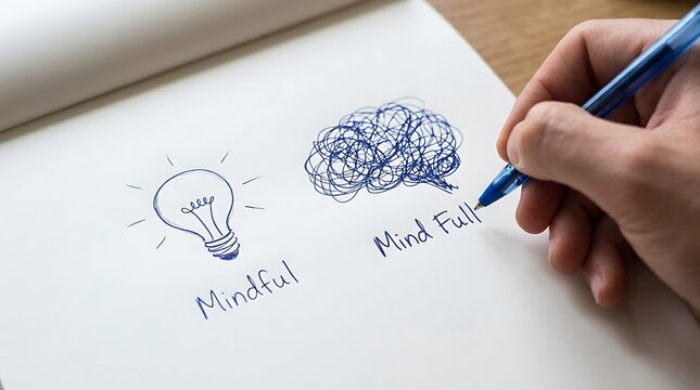 Hand drawing mindful and mind full concept with lightbulb and scribble brain on white paper notebook
