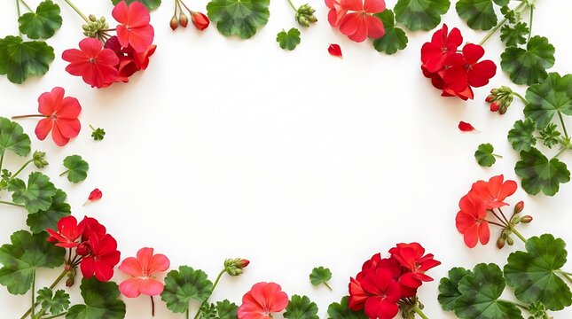 Delicate floral frame border with red geranium flowers and green leaves on a white background