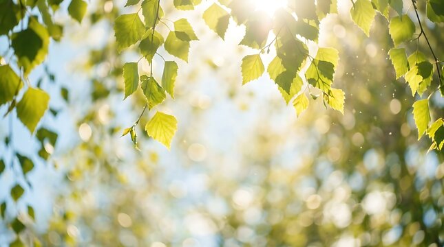 Fresh green birch leaves against bright sunlight with soft bokeh background for spring design