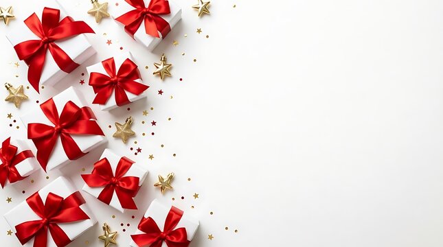 Christmas gift boxes with red ribbons and gold stars on a white background flat lay composition