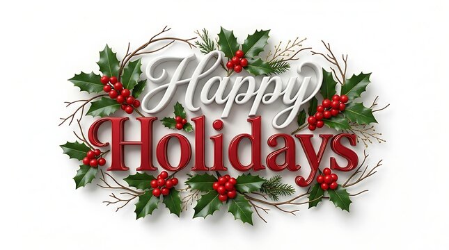 Happy Holidays festive sign with holly leaves and red berries isolated on white background