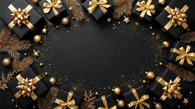 Black gift boxes with gold ribbons and christmas decorations on a dark background top view frame